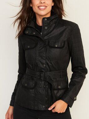 GAP Black Belted Utility Jacket — Chic Urban Style, Waxed Cotton - Size Medium